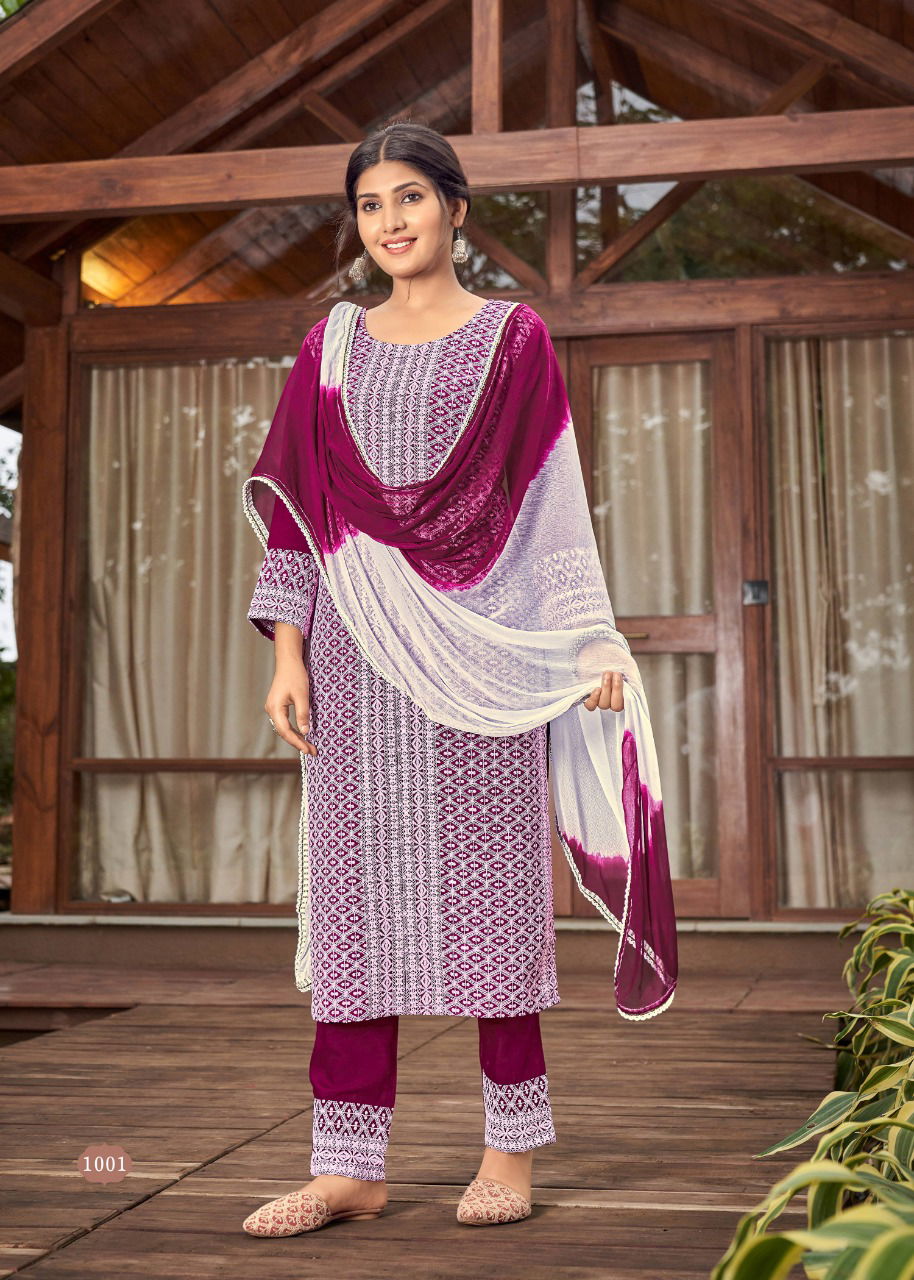 Schiffli 2 Fancy Designer New Exclusive Wear Heavy Rayon Readymade Suit Collection